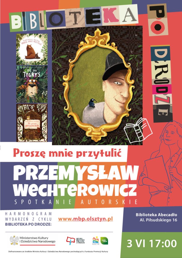 Plik przedstawia projekt plakatu, spotkanie z Przemysławem Wechterowiczem