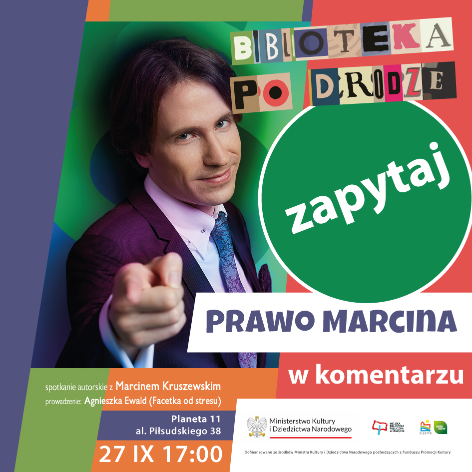 Plik przedstawia projekt materiału promocyjnego dotyczącego spotkania z Marcinem Kruszewskim. 